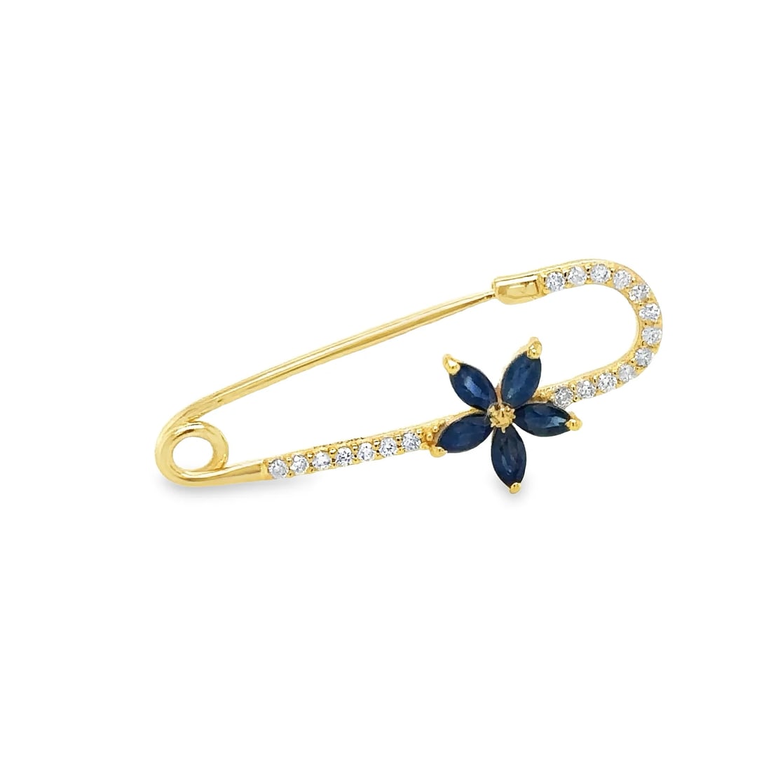 14KT YELLOW GOLD SAPPHIRE AND DIAMONDS SAFETY PIN: 14KT YELLOW GOLD SAPPHIRE AND DIAMONDS SAFETY PIN14KT. YELLOW GOLD WT. APPROX. 1.44 GRAMDIAMOND WT. APPROX. 0.14 CTSAPPHIRE WT. APPROX. 0.61 CT