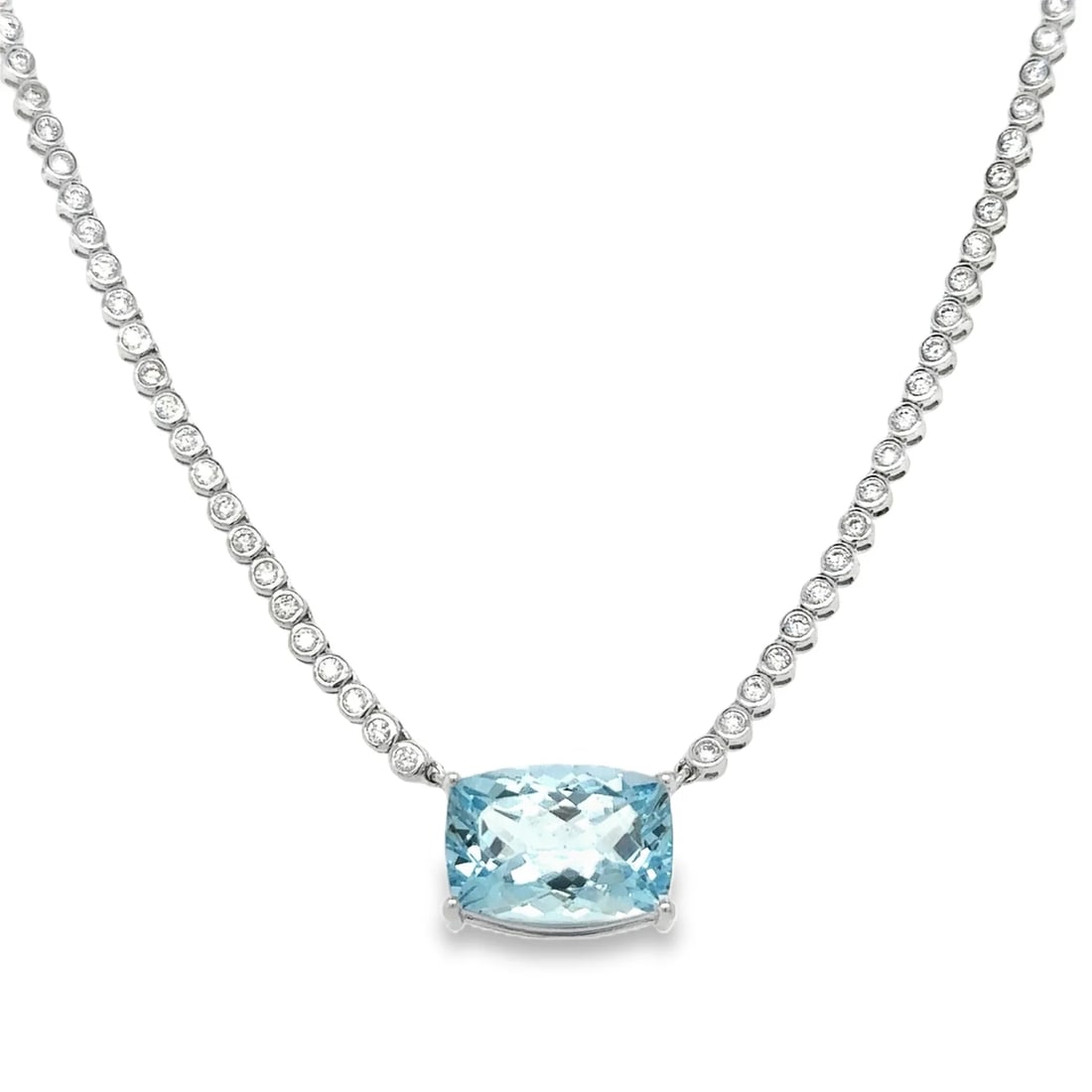 14KT WG AQUAMARINE AND DIAMOND BEZEL TENNIS NECKLACE (1 of 2)