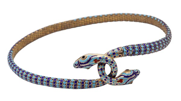 French 1880 Egyptian Revival Snakes Necklace In Sterling Silver With Champleve Cloisonne: French Egyptian revival champleve necklace.Fabulous necklace choker, created in France in the late 19th century, circa 1880. This beautiful piece has been crafted in the Egyptian revival style with br