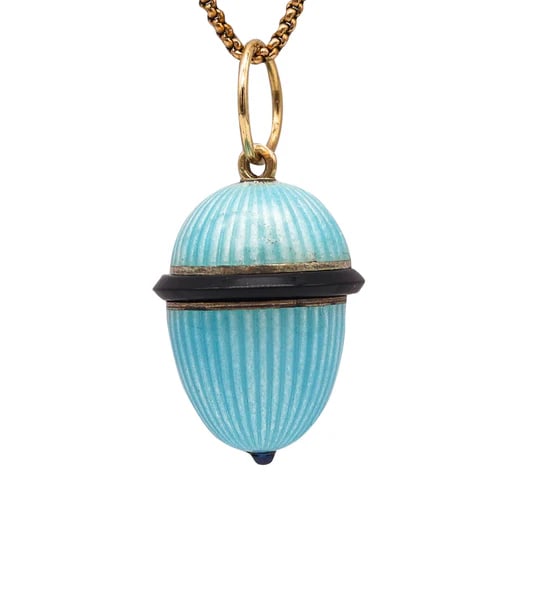 Easter Egg 1930 Art Deco Pendant In Blue Guilloche Enamel 18Kt Gold With  Sapphire (1 of 4)