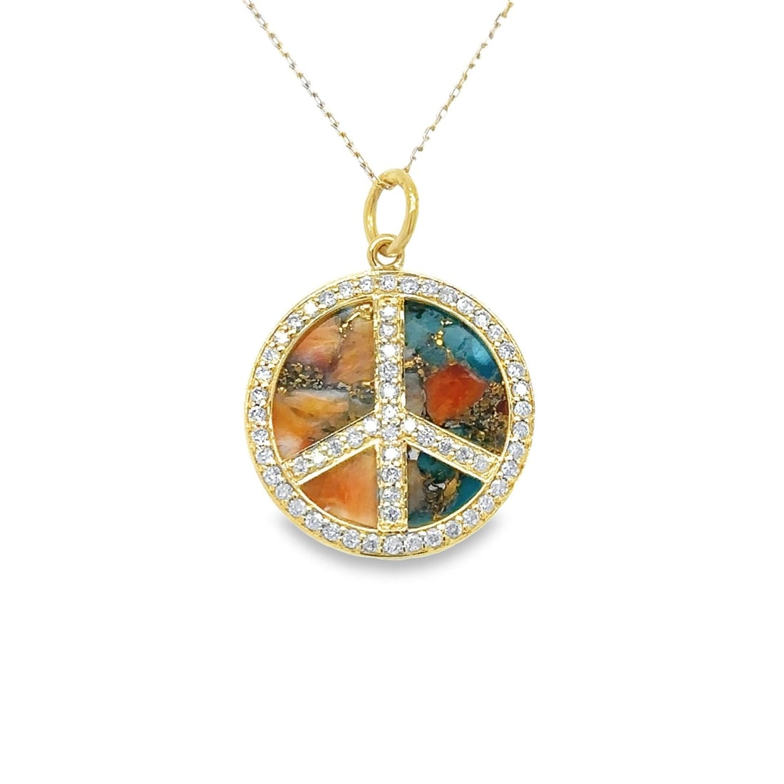 14KT YELLOW GOLD OYSTER TURQUOISE PEACE SIGN PENDANT WITH DIAMONDS: 14KT YELLOW GOLD OYSTER TURQUOISE PEACE SIGN PENDANT WITH DIAMONDS14KT GOLD WT. APPROX. 1.93 GRAMDIAMOND WT. APPROX. 0.44 CARATOYSTER TURQUOISE WT. APPROX. 4.59 CARATSIZE: 19 MMPRICE IS ONLY FOR PENDA