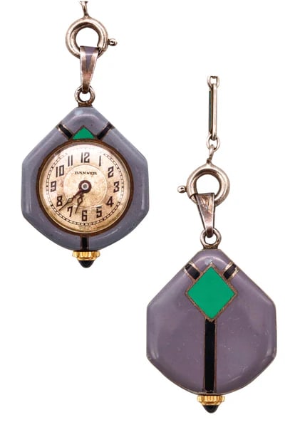 Art Deco 1930 Antique Banner Watch With Enameled Geometric With A Chatelaine Chain: Art deco chatelaine watch designed by Banner.An antique hexagonal piece, created in Germany during the Art Deco period, circa 1930. This very unique chatelaine watch, was crafted in sterling silver an