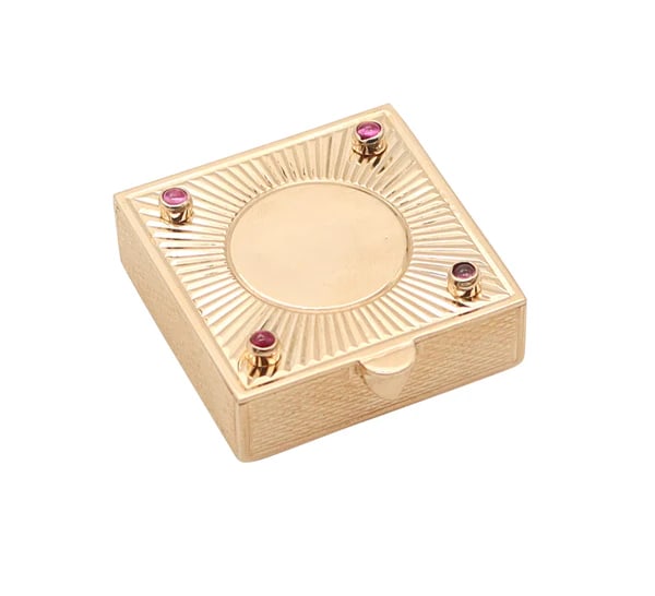 TIFFANY & CO. 1940 Square Pill-Box In 14Kt Yellow Gold With Vivid Red Rubies: A square pill-box designed by Tiffany & Co.This is a beautiful pill-box created in New York City at the Tiffany & Co. back in the 1940's. The pill-box has been crafted in a square shape in solid yello