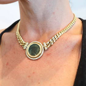 BVLGARI Roma 1980 Moneta 307 AD Necklace In 18Kt Yellow Gold With Diamonds (1 of 7)