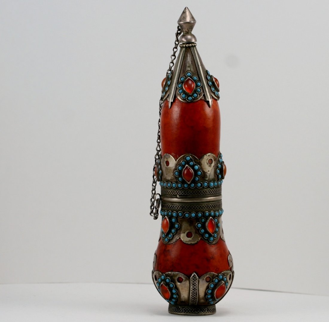 AFGHAN WINE VESSEL: AFGHAN WINE VESSEL 8/12" HIGH JEWELLED WITH TURQUOISE & CARNELIAN