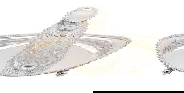 JOHN GRINSELL & SONS 1904 Edwardian Cut Crystal Inkwell Desk Tray In .925  Sterling: An inkwell desk tray designed by John Grinsell & Sons.This is a very elegant desk inkwell tray set created in London England by the silversmith company of John Grinsell & Sons, back in 1904. Masterful