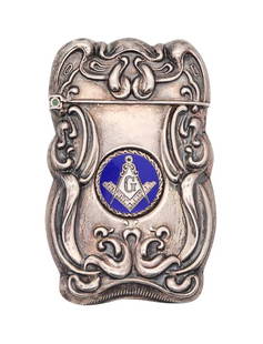 MASONIC 1890 Art-Nouveau Enameled Vesta Matches Box In Repousse .925  Sterling: An antique vesta box with enameled Masonic motifs.This is an amazing and rare vesta matches box, created in America with Masonic motifs, back in the 1890-95. The vesta box has been crafted in solid st