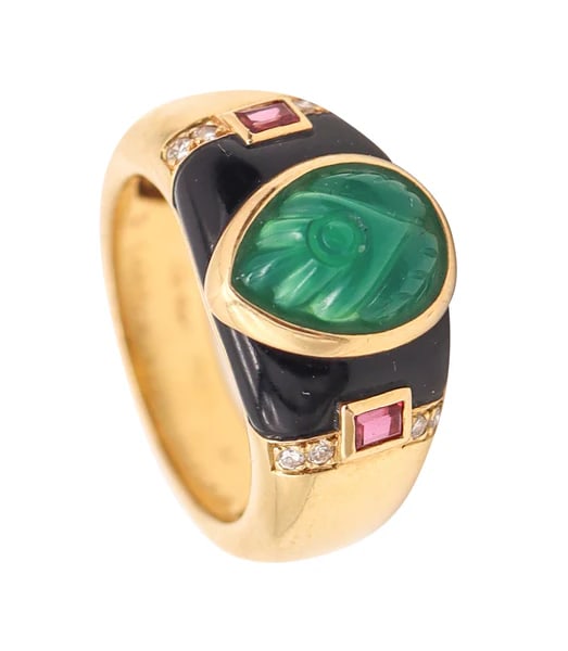 CARTIER Paris GAIA Ring In 18Kt Yellow Gold Chrysoprase, Diamonds, Rubies & Onyx (1 of 6)