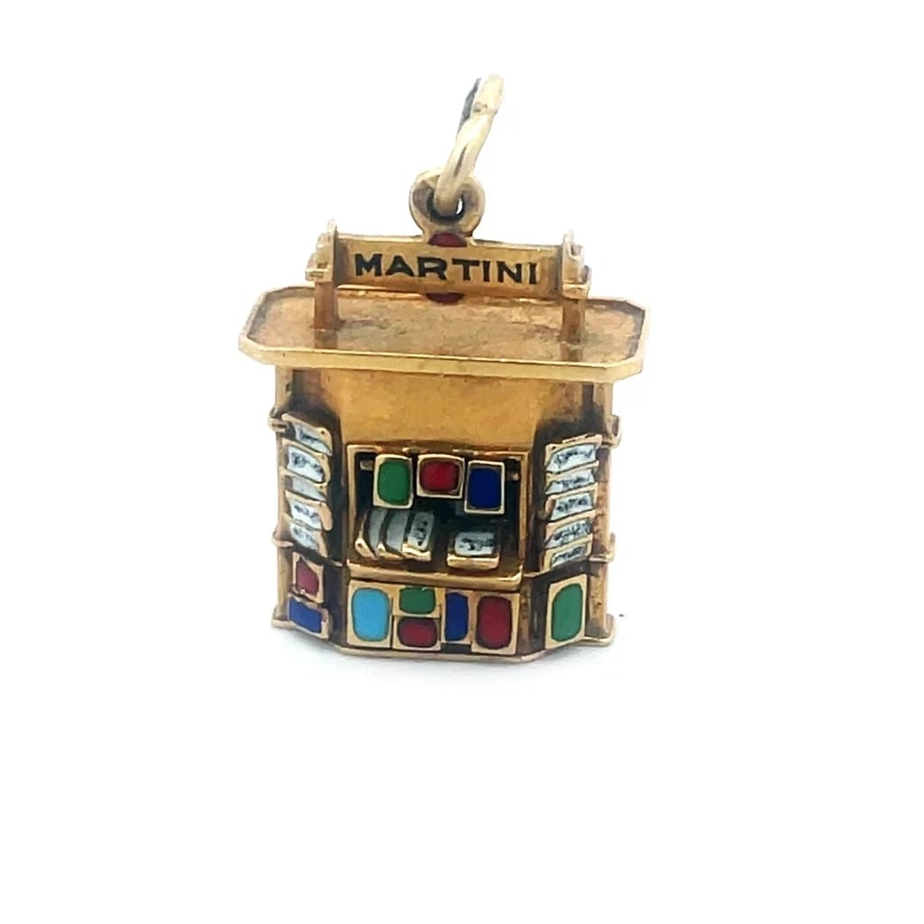 Gold Enamel Kiosk Vintage Charm 18k Yellow Reversible Billboard Pendant: This is a charming gold and enamel vintage pendant/charm, it features a unique and eye-catching piece depicting a storefront kiosk made of 18k yellow gold with a square shape and on the back has an et