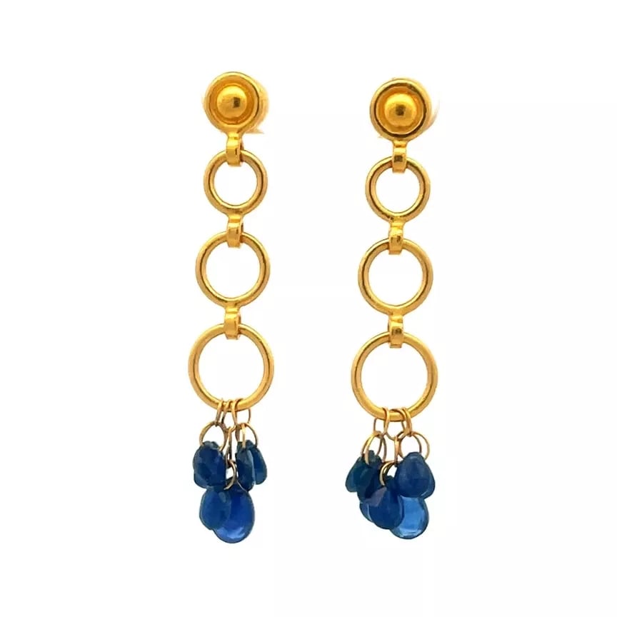 Gurhan Sapphire Gold Earrings 24k 3 Circle Long Dangle Bead Style: These gorgeous earrings are by Gurhan, they are crafted from 24k gold featuring three rings in graduated size with a solid round top stud, small ring from the top and strung on the end ring are pear s