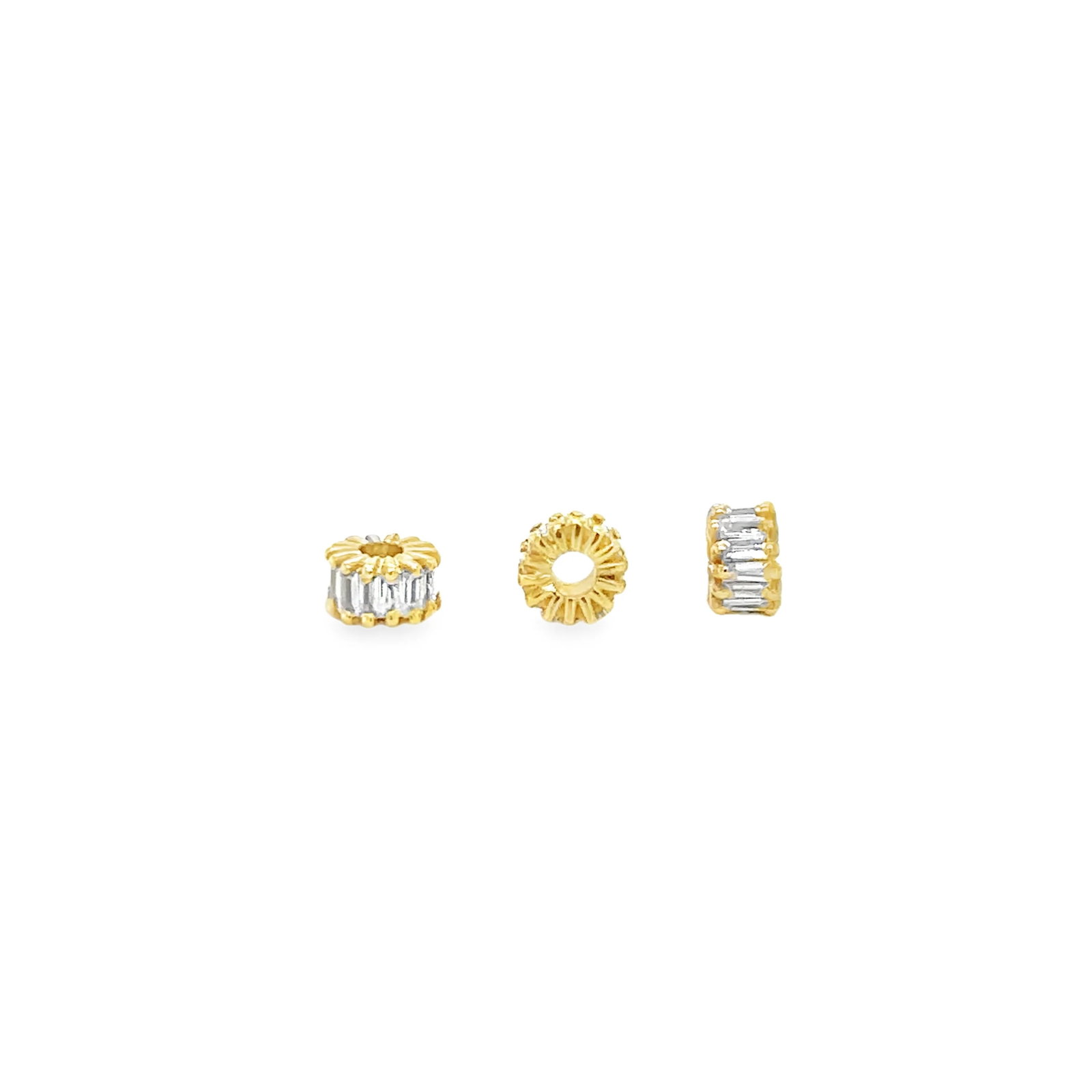 14KT YELLOW GOLD DIAMOND RONDELLES: 14KT YELLOW GOLD DIAMOND RONDELLES14KT GOLD WT. APPROX. 0.28 GRAMDIAMOND WT. APPROX. 0.29 CARATSIZE APPROX. - 5 MM, 3 MM WIDTHPRICE FOR 1 PC