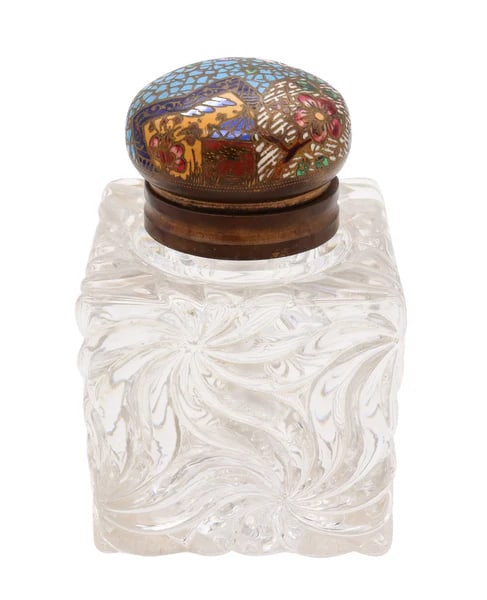 French 1900 Antique Chinoiserie Champlevé Enameled Inkwell In Brass And  Crystal (1 of 4)