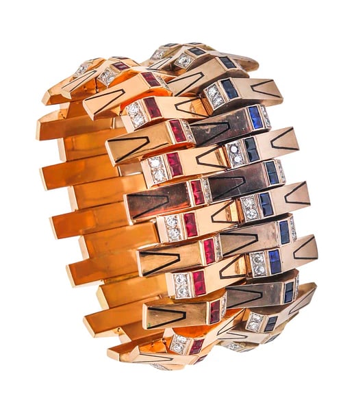 MARCHAK Paris 1935 Art Deco Bracelets Suite 18Kt Gold Diamonds Rubies & Sapphires (1 of 7)