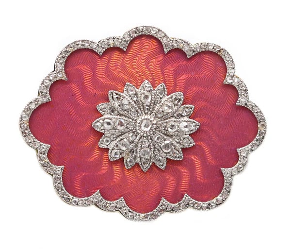 FABERGE by Knut Oskar Pihl 1895 Enameled Pink Guilloche Brooch In Gold &  Diamonds (1 of 5)