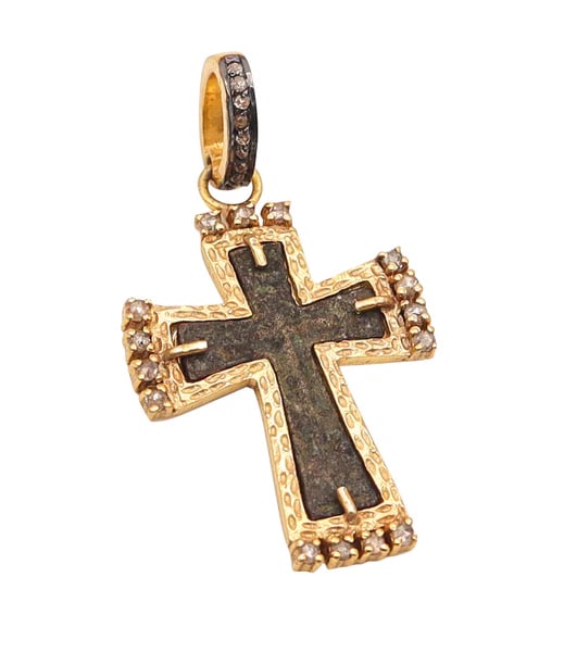 BYZANTINE 1650 Orthodox Cross In Copper 18Kt Vermeil Sterling And Diamonds (1 of 4)