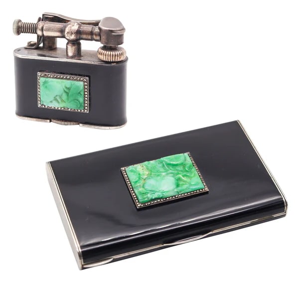 DUNHILL Paris 1930 Enameled Set Of Bijou Lighter & Cigarette Case With Carved Jades (1 of 4)
