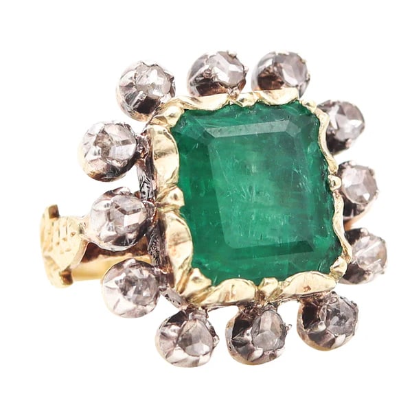 SPANISH COLONIAL 1790 Iberian Antique Ring In 18Kt Gold With Emerald & Diamonds (1 of 4)