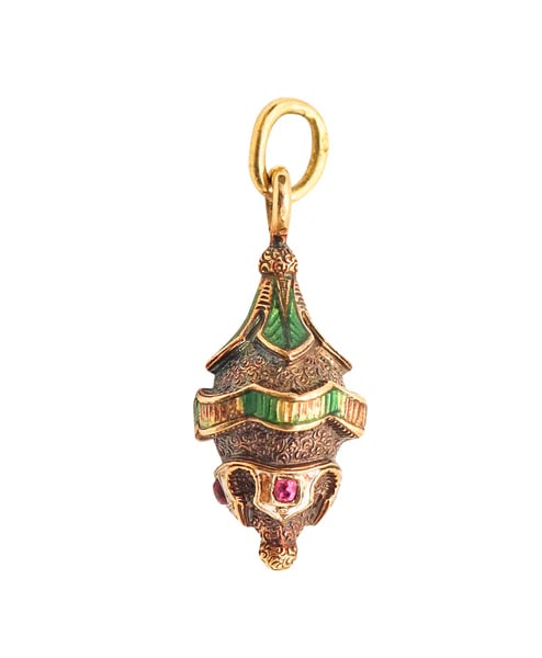 ETRUSCAN REVIVAL 1900 French Enameled Pendant Charm In 18Kt Gold With Rubies: French Etruscan revival charm.This is a beautiful pendant-charm created in France during the turn of the 19th century, between 1890 and 1900. Crafted as a dangle lantern with intricate Etruscan reviva