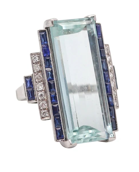 ART-DECO 1930 Skyscraper Platinum Ring With Aquamarine, Sapphires & Diamonds (1 of 5)