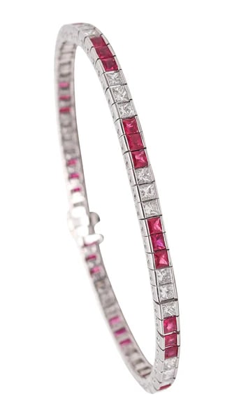 ART DECO 1940 Riviera Bracelet In Platinum With 12.30 Ctw In Diamonds & Rubies (1 of 5)