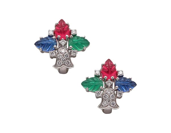CARTIER Paris Tutti Frutti Earrings In 18Kt White Gold With Carved Gems & Diamonds (1 of 5)