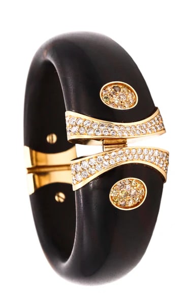 Paul Binder 1970 Swiss 18Kt Gold Bracelet With Ebony Wood And 3.80 Cts In VS Diamonds (1 of 5)