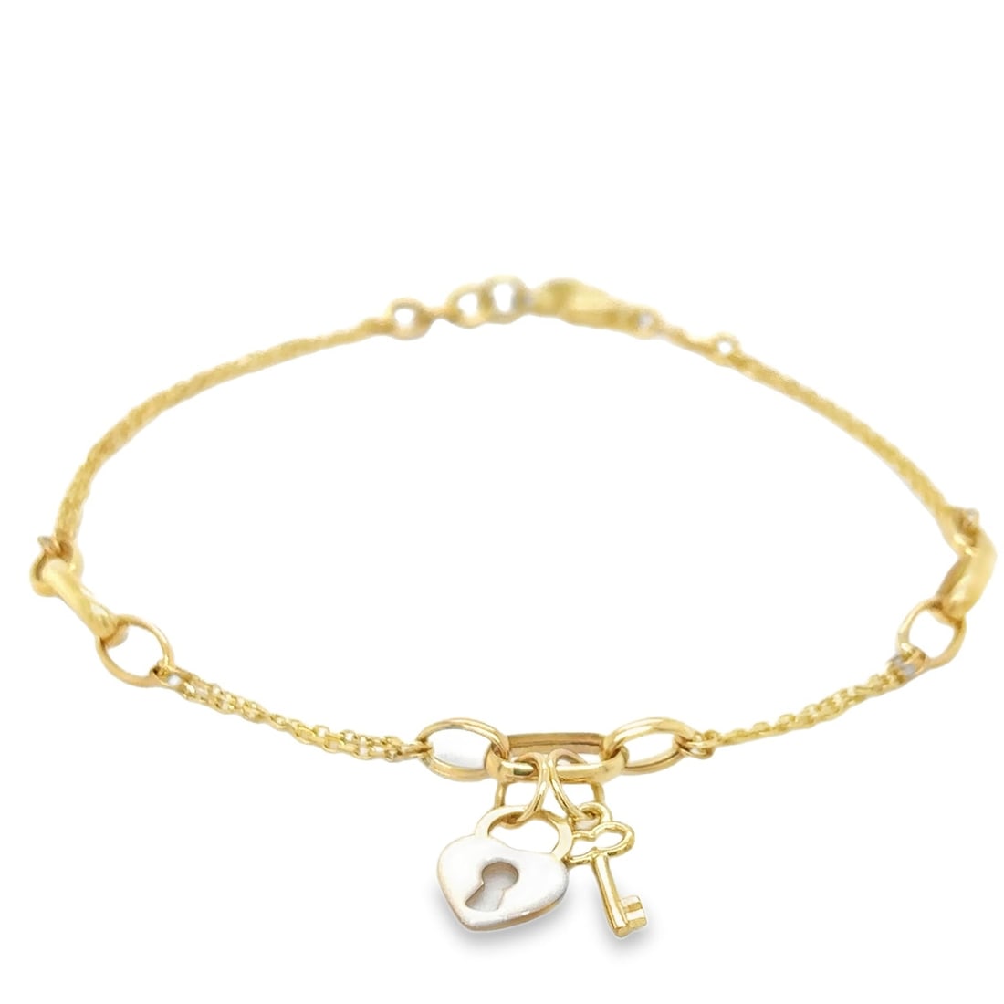 14KT YELLOW GOLD ENAMEL HEART LOCK AND KEY BRACELET 7.5" (1 of 1)