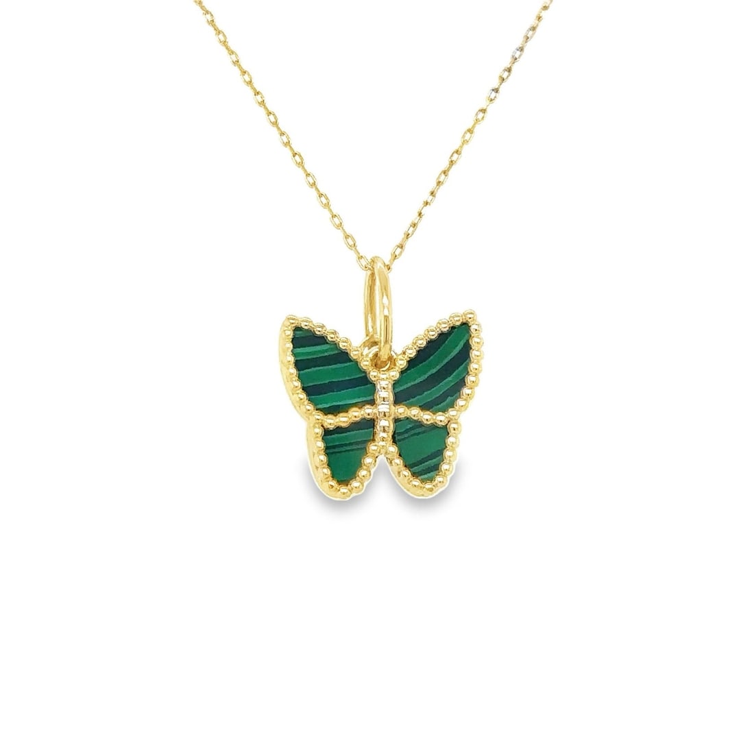 14KT YELLOW GOLD MALACHITE BUTTERFLY PENDANT: 14KT YELLOW GOLD MALACHITE BUTTERFLY PENDANT14KT GOLD WT. APPROX. 1.4 GRAMSIZE APPROX. 13 MM X 12 MMPRICE IS ONLY FOR PENDANT WITHOUT CHAIN