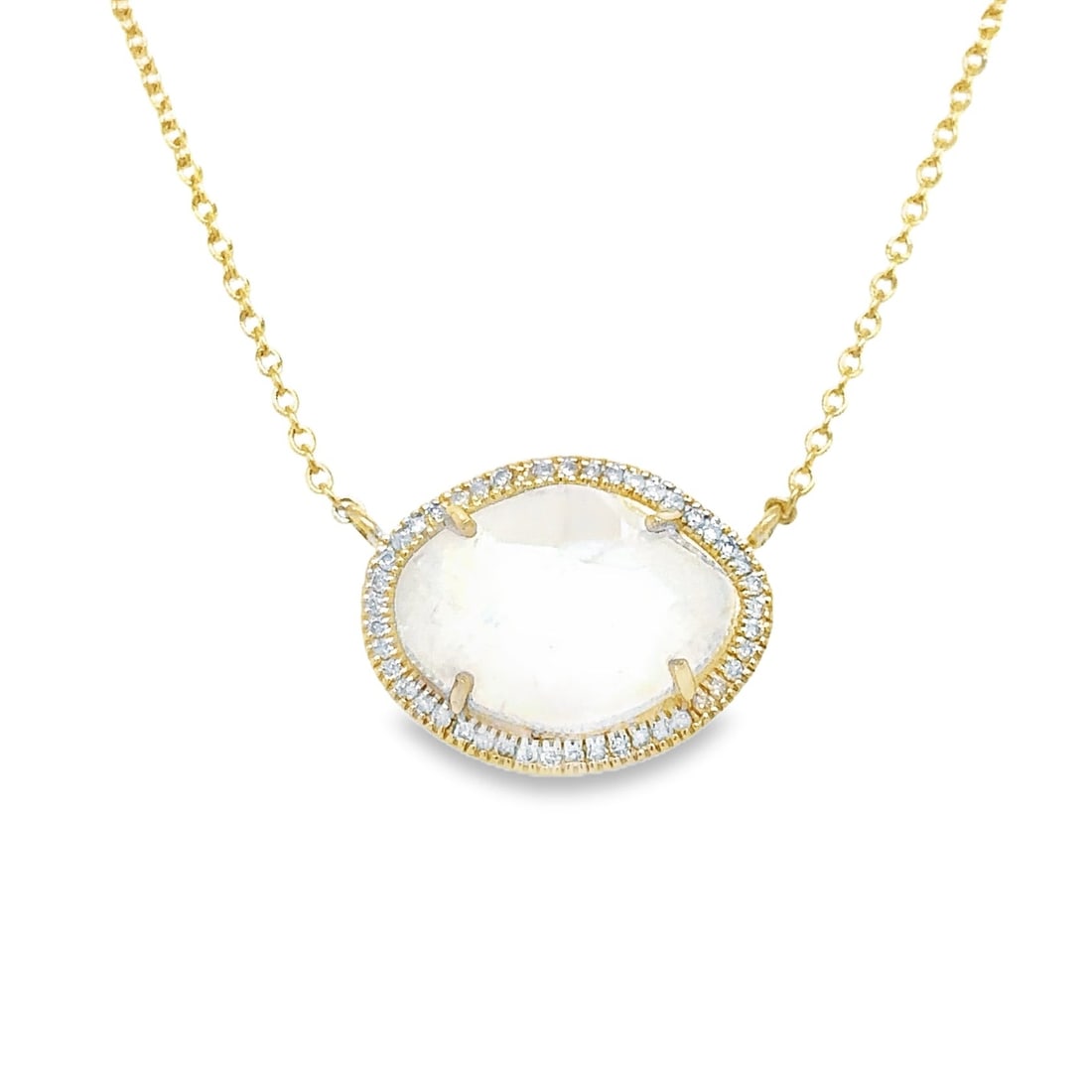 14KT YELLOW GOLD DIAMOND RAINBOW MOONSTONE NECKLACE: 14KT YELLOW GOLD DIAMOND RAINBOW MOONSTONE NECKLACE 18"14KT GOLD WT. APPROX. 3.00 GRAMDIAMOND WT. APPROX. 0.17 CARAT / 44 PCSRAINBOW MOONSTONE WT. APPROX. 4.95 CARAT18" LONG WITH ADJUSTABLE RING ON 16