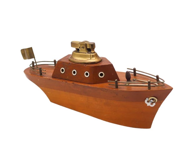 ENGLAND 1950 Mid-Century Desk Table Lighter In a Carved Wood Yacht (1 of 4)