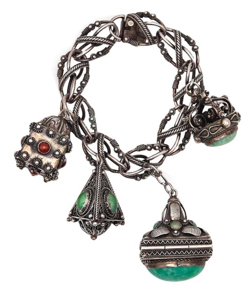 Etruscan Revival 1930 Italian Gypsy Charms Bracelet In .800 Silver With Gemstones (1 of 4)