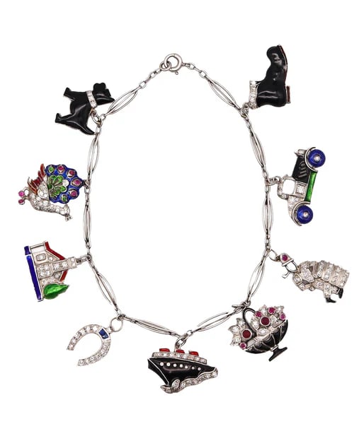 Art Deco 1930 Eight Charms Bracelet In Platinum Enamel With 2.78 Ctw In Diamonds And Gems (1 of 4)