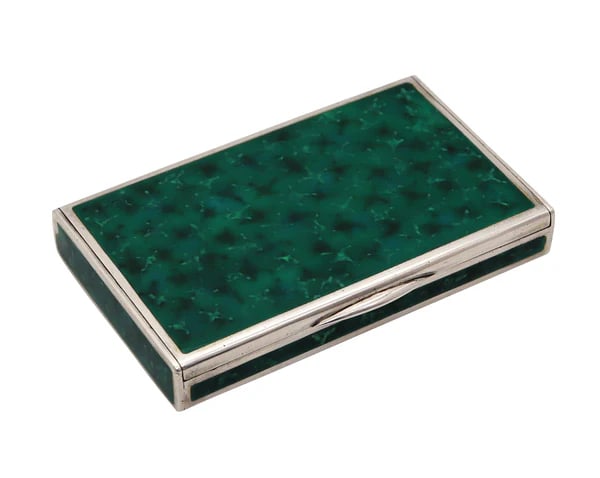 LOUIS KUPPENHEIM 1925 Trompe L'œil Malachite Enameled Box In .935 Sterling Silver: Art deco Trompe L'œil enameled box by Louis Kuppenheim.This is a beautiful decorative box, created in Germany during the art deco period, back in the 1925. This superb elegant box is closely to mint