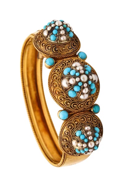 Victorian 1880 Etruscan Revival Bracelet In 15Kt Gold With Turquoises And Pearls (1 of 4)