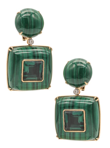 MODERNIST Malachite Dangle Earrings In 18Kt Gold With Diamonds & Quartzes: Pair of Italian dangles drop earrings with malachite.This is an amazing pair of dangles drops earrings created in Italy with modernist patterns. The earrings were masterfully crafted with massive look