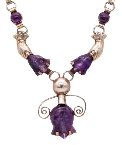 Mexican 1945 Taxco Studio Drop Necklace In .925 Sterling Silver With Carved Amethyst (1 of 4)