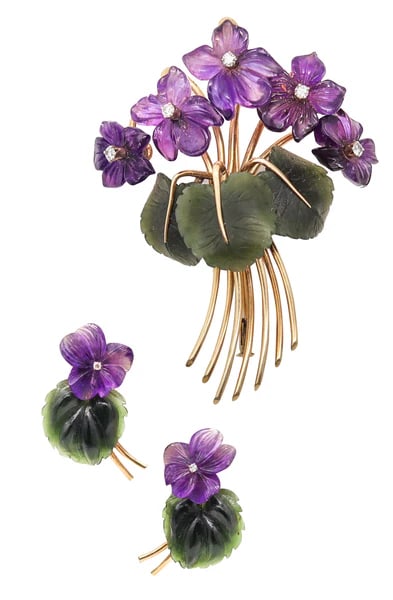 ANTON JANDA Austria 1950 Parure Set In 14Kt Gold Diamonds. Nephrite & Amethysts: Brooch and earrings parure designed by Anton Janda.This is a magnificent set composed by a brooch and a pair of earrings, created in Vienna Austria back in the 1950 by the master goldsmith Anton Janda