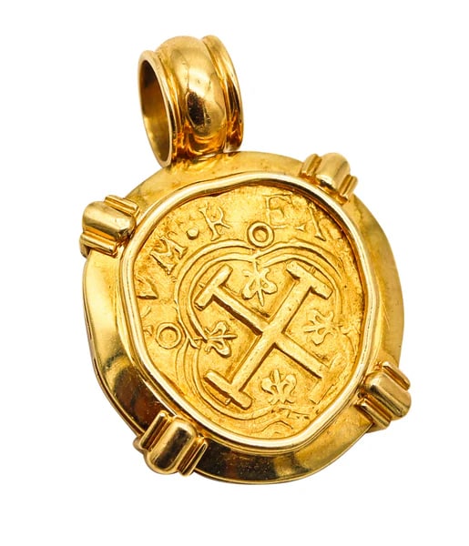TREASURE DOUBLOON 1645 Spanish Gold 2 Escudos Pendant Framed In 18Kt Yellow Gold (1 of 4)