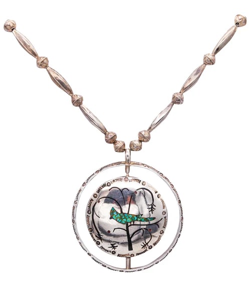 Native American 1950 Zuni Bird Necklace In Sterling With Inlaid Turquoise & Carnelian (1 of 4)
