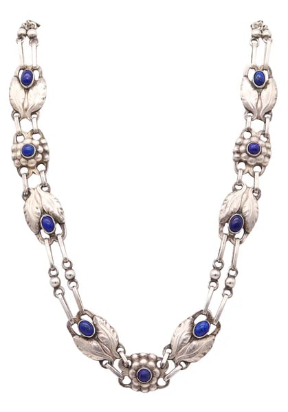 GEORG JENSEN 1905 Rare Art Nouveau Leaves Necklace In .830 Sterling With Lapis (1 of 6)