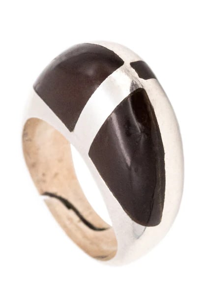 Puig Doria 1970 Barcelona Modernist Bombe Ring In Sterling Silver With Ebony Wood (1 of 4)