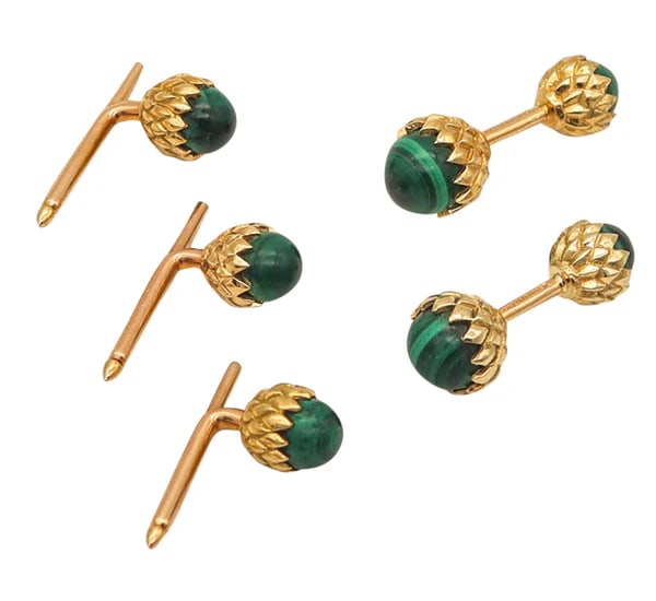TIFFANY & CO. 1970 Jean Schlumberger Cufflinks Shirt Studs In 18Kt Gold & Malachite: Cufflinks and shirt studs designed by Jean Schlumberger for Tiffany & Co.Gorgeous suite of cufflinks and shirt studs, created in New York city by Jean Schlumberger at the Tiffany Studios, back in the