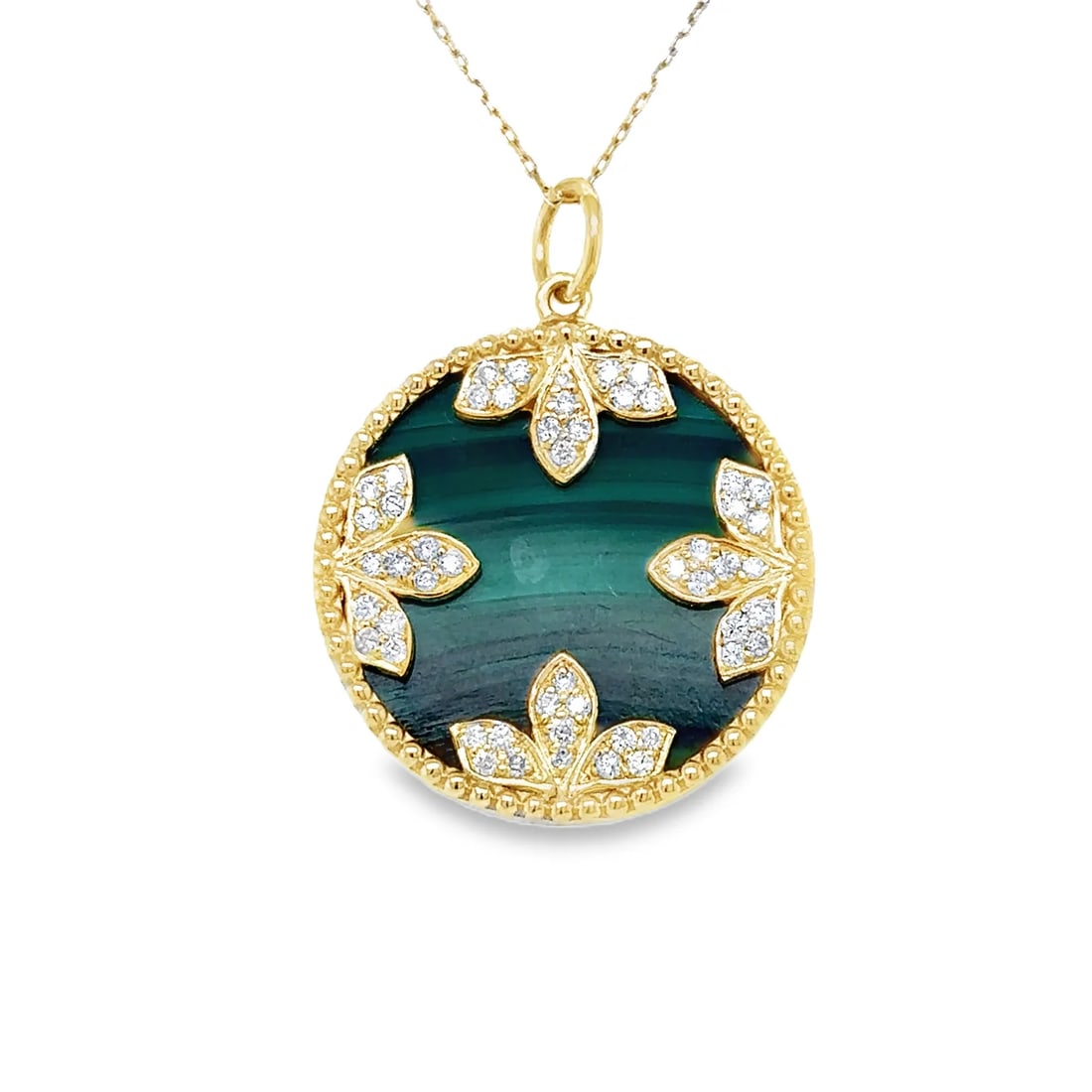 14KT YELLOW GOLD MALACHITE PENDANT WITH DIAMONDS: 14KT YELLOW GOLD MALACHITE PENDANT WITH DIAMONDS14KT GOLD WT. APPROX. 2.44 GRAMDIAMOND WT. APPROX. 0.30 CARATMALACHITE WT. APPROX. 10.25 CARATSIZE APPROX. - 21 MMPRICE IS ONLY FOR PENDANT WITHOUT CHAI