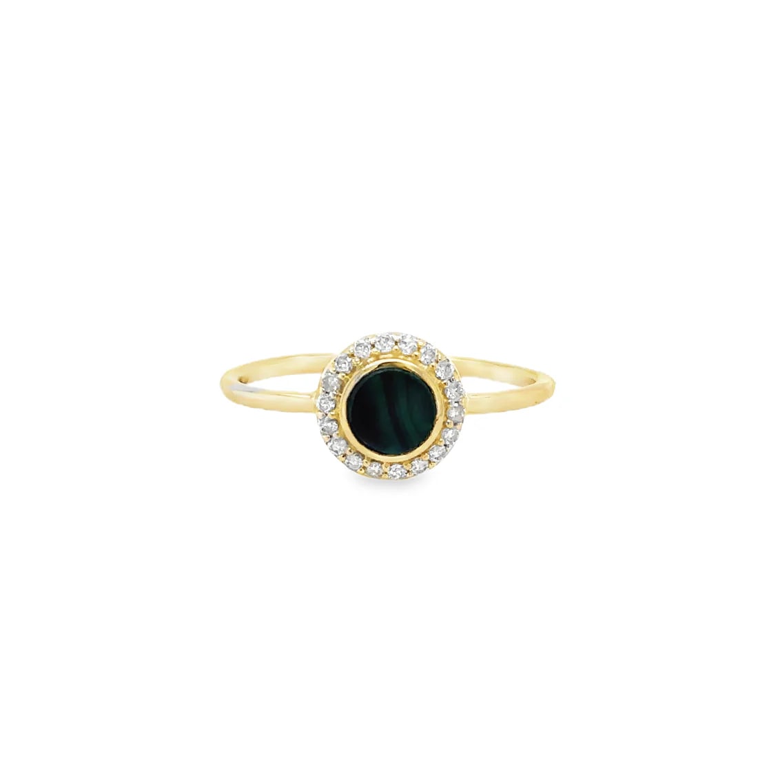 14KT YELLOW GOLD MALACHITE RING WITH DIAMONDS: 14KT YELLOW GOLD MALACHITE RING WITH DIAMONDS14KT GOLD WT. APPROX. 1.45 GRAMDIAMOND WT. APPROX. 0.14 CARATMALACHITE WT. APPROX. 0.65 CARATSIZE: 7