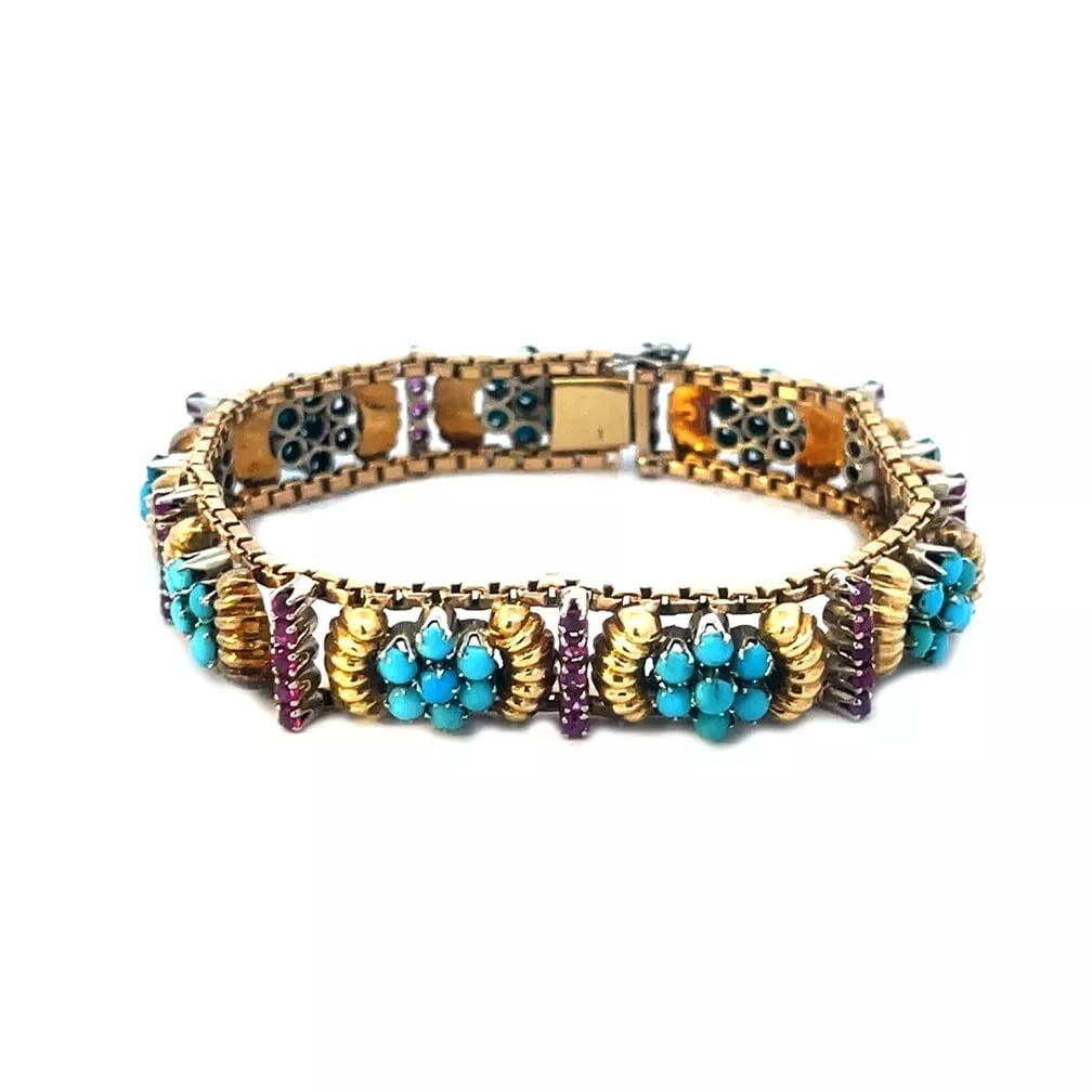 Vintage Turquoise Gold Bracelet Ruby Yellow Fancy Floral Link 16k & 18k: This beautiful vintage bracelet is crafted with 16 and 18k yellow gold featuring slim box link chain on each end with a small round turquoise bead set in a floral design and accented on each side with