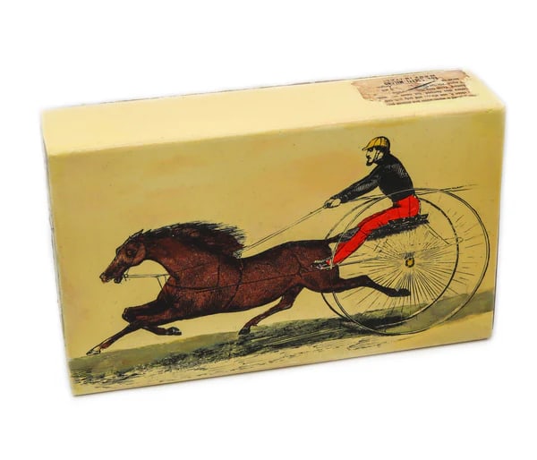 PIERO FORNASETTI Milano 1960 Enameled Sliding Box With Racing Car & Horse: An enameled sliding box designed by Piero Fornasetti (1913-1988).This is a very rare rectangular sliding box created in Milano Italy by Piero Fornasetti. The box is from the mid-century period, crafte