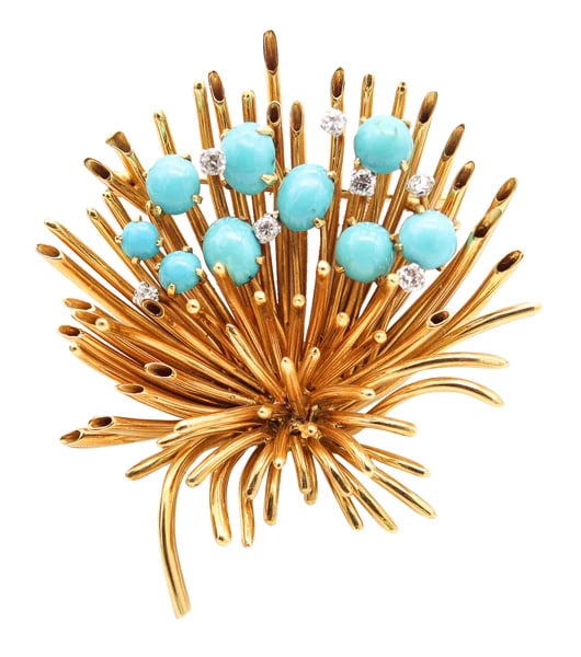 ANDREW GRIMA 1963 London Turquoises Massive Brooch In 18Kt Gold With Diamonds: A sculptural gems-set brooch designed by Andrew Grima.This is a fabulous brooch created in London by the acclaimed designer-goldsmith Andrew Grima, back in the 1963. The extremely rare brooch is a uni