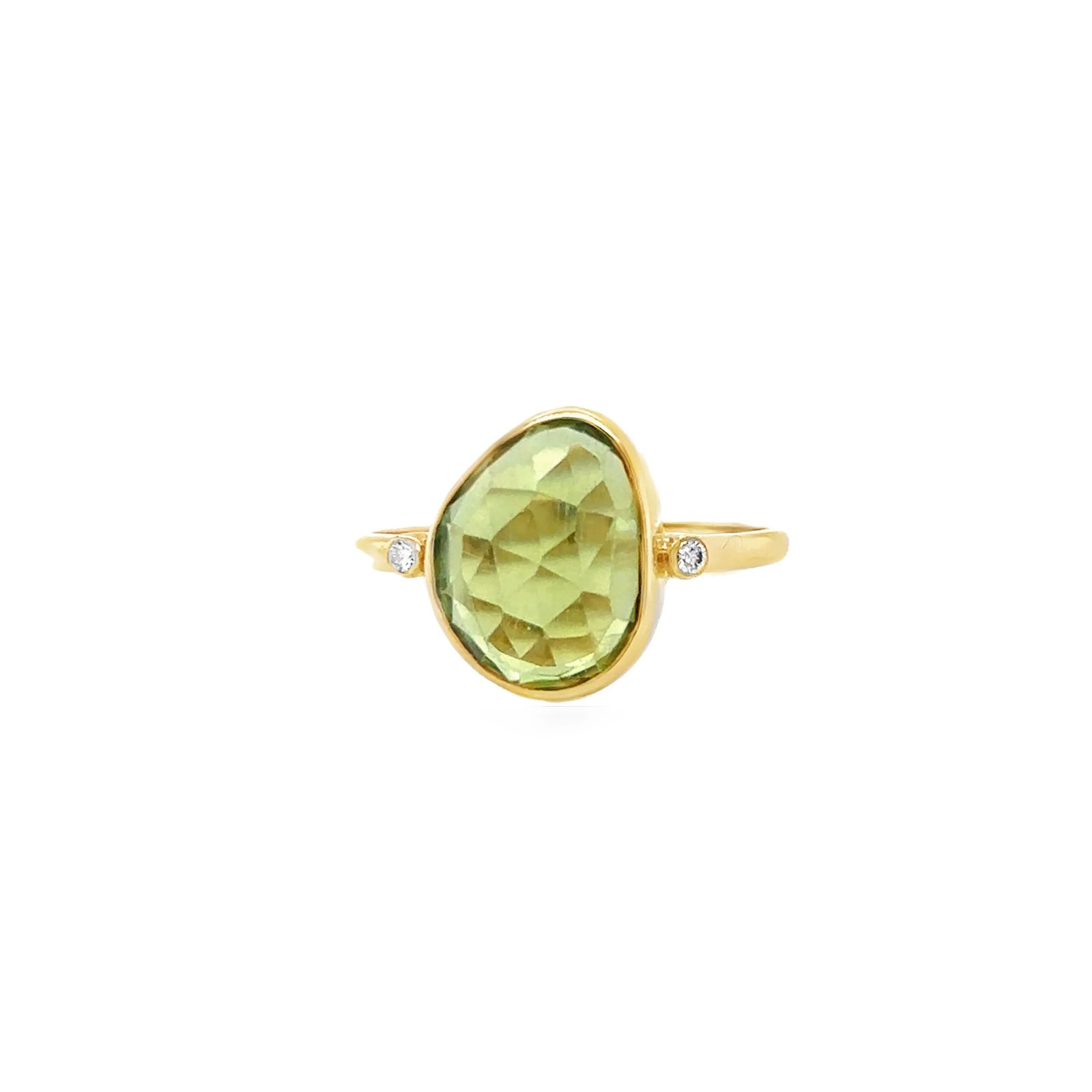 14KT YELLOW GOLD PERIDOT AND DIAMONDS RING: 14KT YELLOW GOLD PERIDOT AND DIAMONDS RING14KT GOLD WT. APPROX. 1.65 GRAMDIAMOND WT. APPROX. 0.03 CARATPERIDOT WT. APPROX. 3.80 CARATSIZE: 8.25