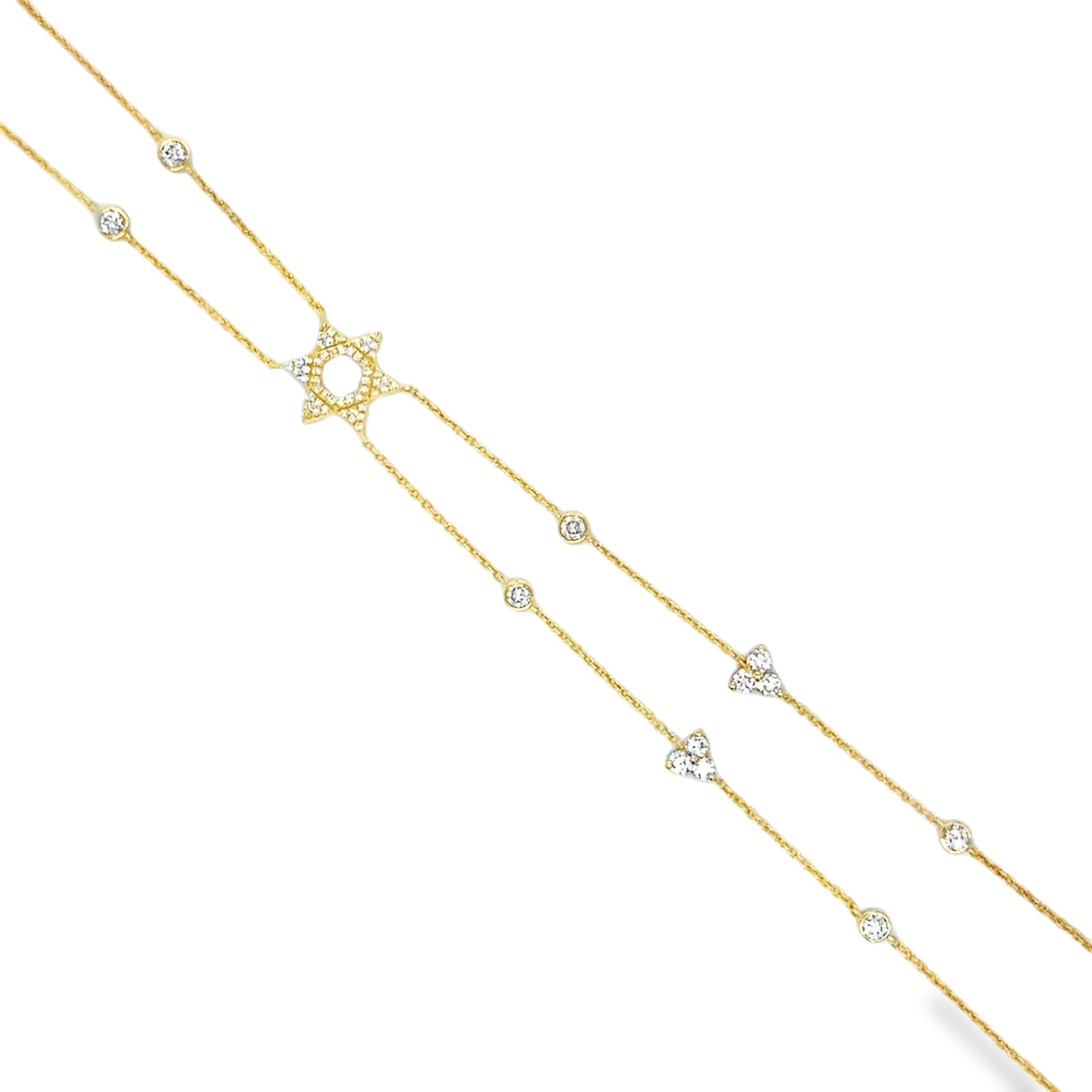 14KT YELLOW GOLD DIAMONDS HAND CHAIN: 14KT YELLOW GOLD DIAMONDS HAND CHAIN14KT GOLD WT. APPROX. 2.30 GRAMDIAMOND WT. APPROX. 0.55 CARAT/ 54 PCSWRIST TO FINGER LENGTH APPROX. 3.5 INCHES LONGWRIST LENGTH APPROX. 7 INCHES LONG (6.5 INCHES