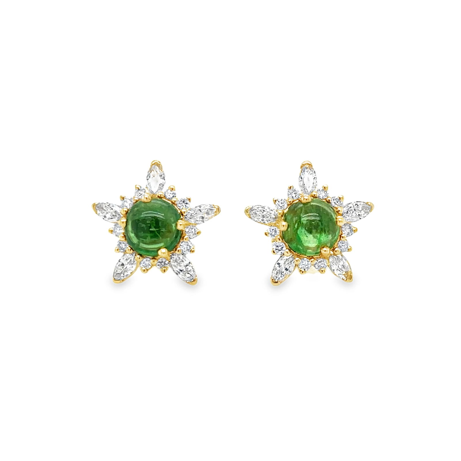 14KT YELLOW GOLD TSAVORITE AND DIAMONDS EARRING: 14KT YELLOW GOLD TSAVORITE AND DIAMONDS EARRING14KT GOLD WT. APPROX. 2.03 GRAMDIAMOND WT. APPROX. 0.53 CARAT/ 20 PCSTSAVORITE WT. APPROX. 1.33 CARAT/ 2 PCSSIZE APPROX. 11.5MM